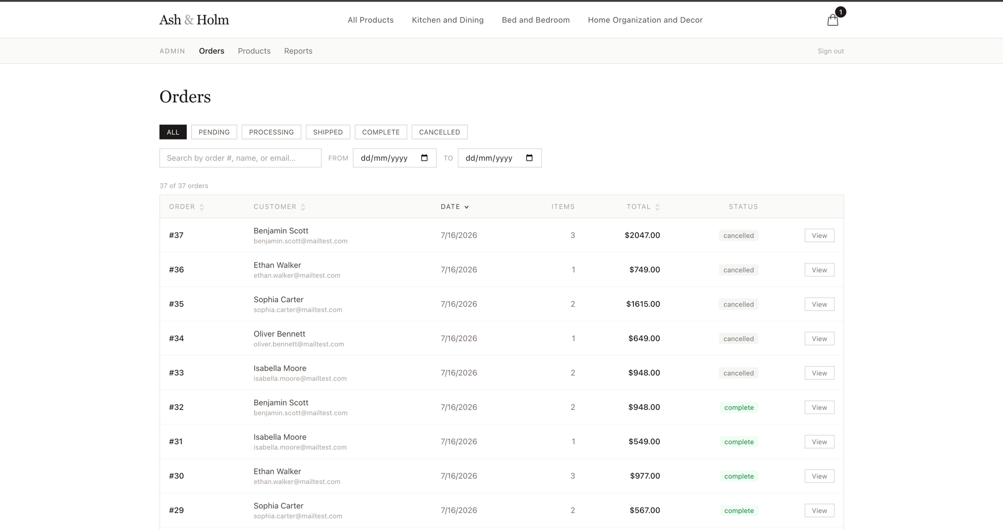The Ash & Holm admin Orders page, listing orders with customer, date, item count, total, and status