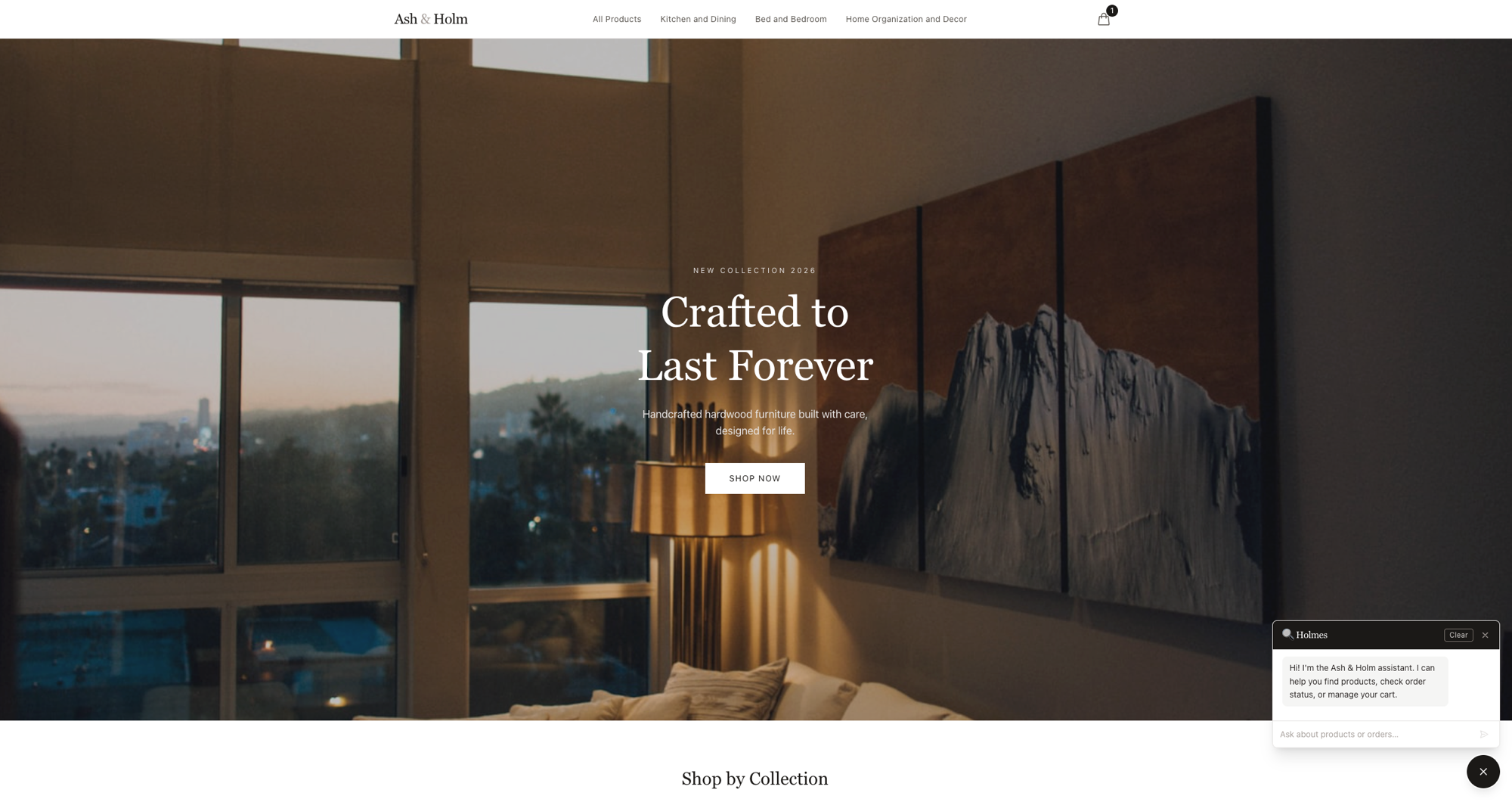 The Ash & Holm homepage, with the Holmes AI shopping assistant open in the corner